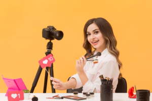 portrait-woman-happy-record-make-up-video