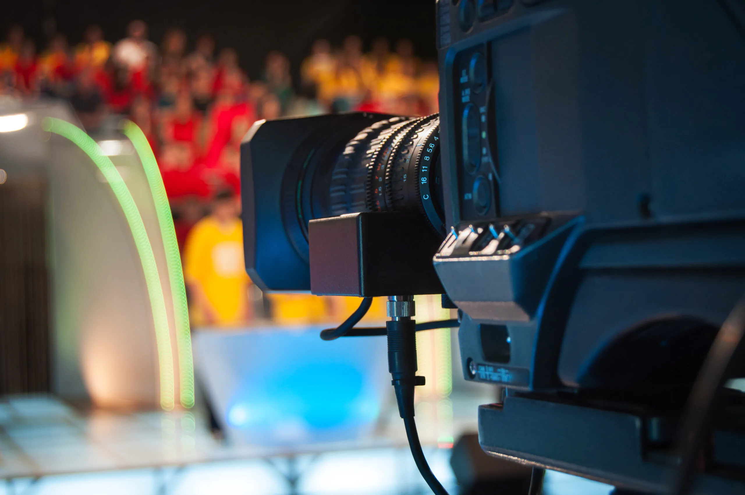 Close-up shot of a video camera for shooting or recording a show in a TV studio