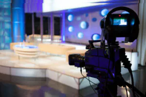 A close-up shot of a video camera for shooting or recording a show in a TV studio