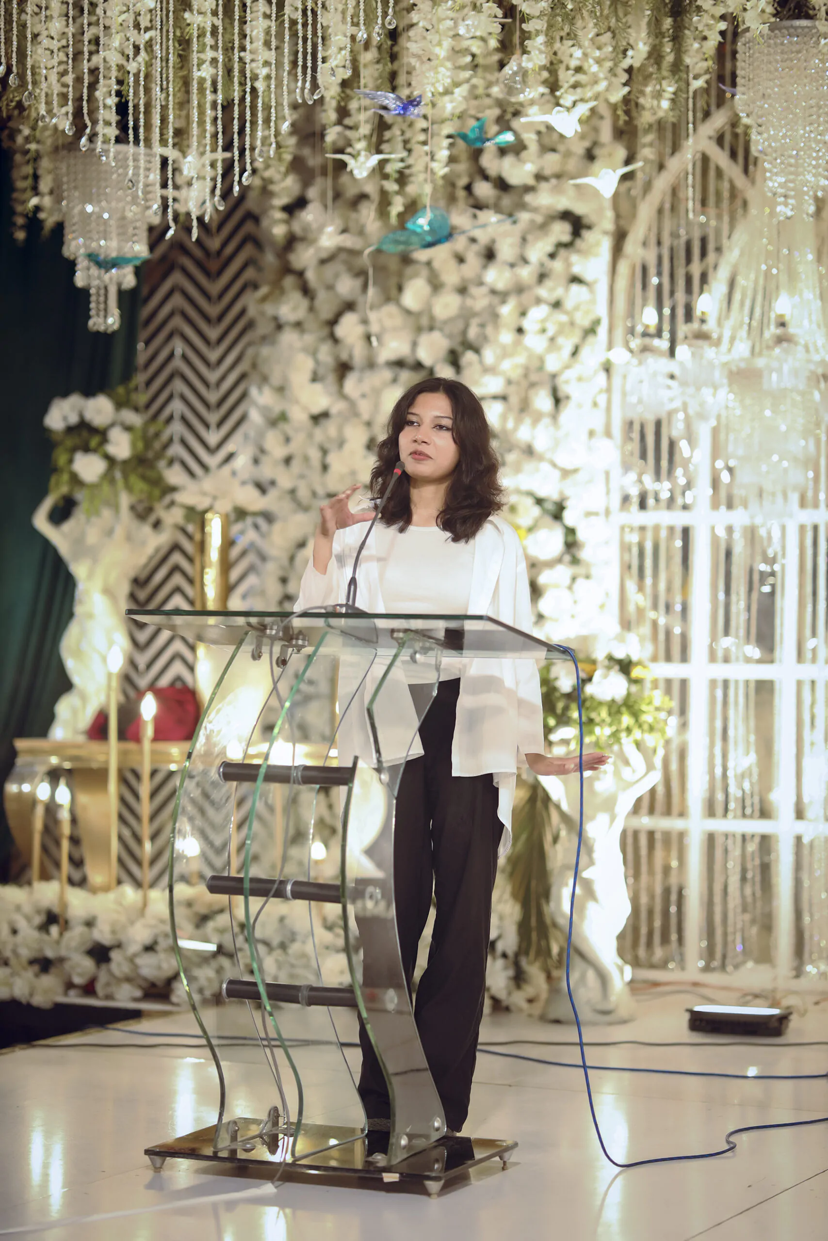 corporate event a girl on stage for speach