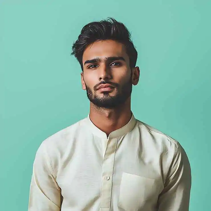 man-with-beard-mustache-stands-front-green-background